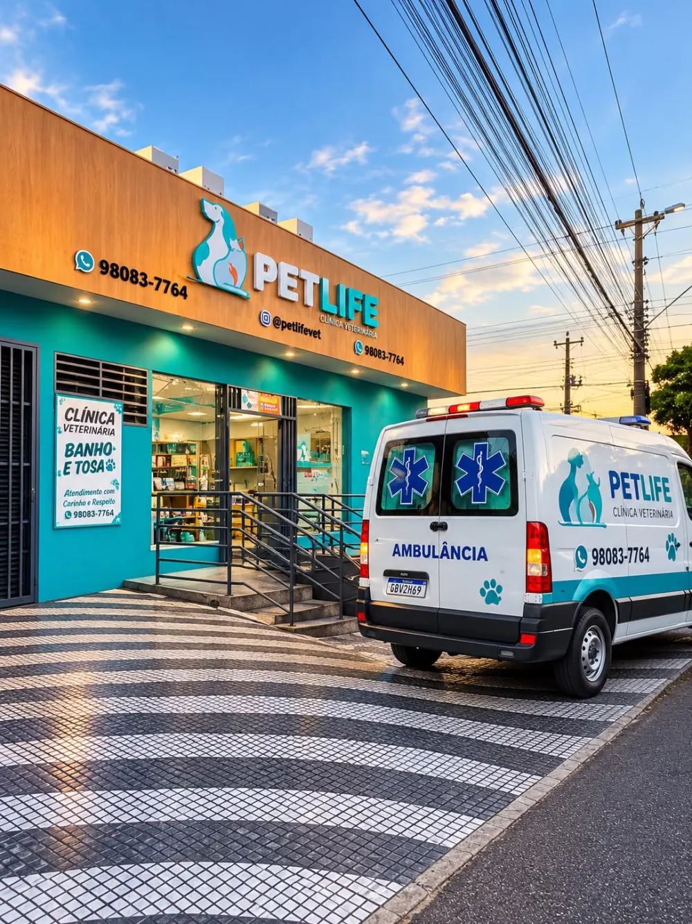 Fachada da PetLife Santo André na Av. Dom Pedro II, ao entardecer, com a ambulância da clínica estacionada