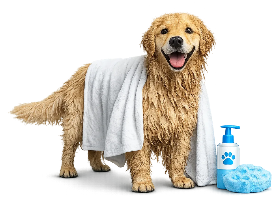 Golden retriever enrolado em uma toalha após o banho
